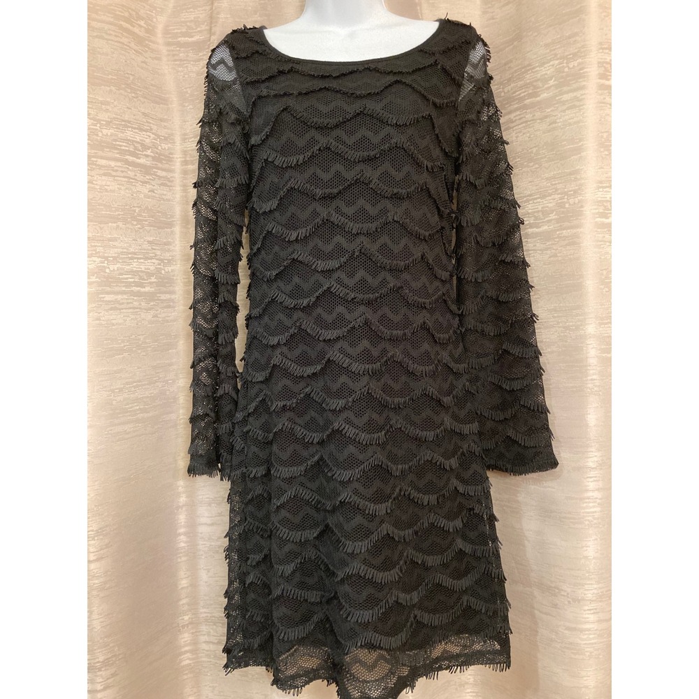 INC International Concepts Black Textured Fringe Long Sleeve Sheath Dress XS